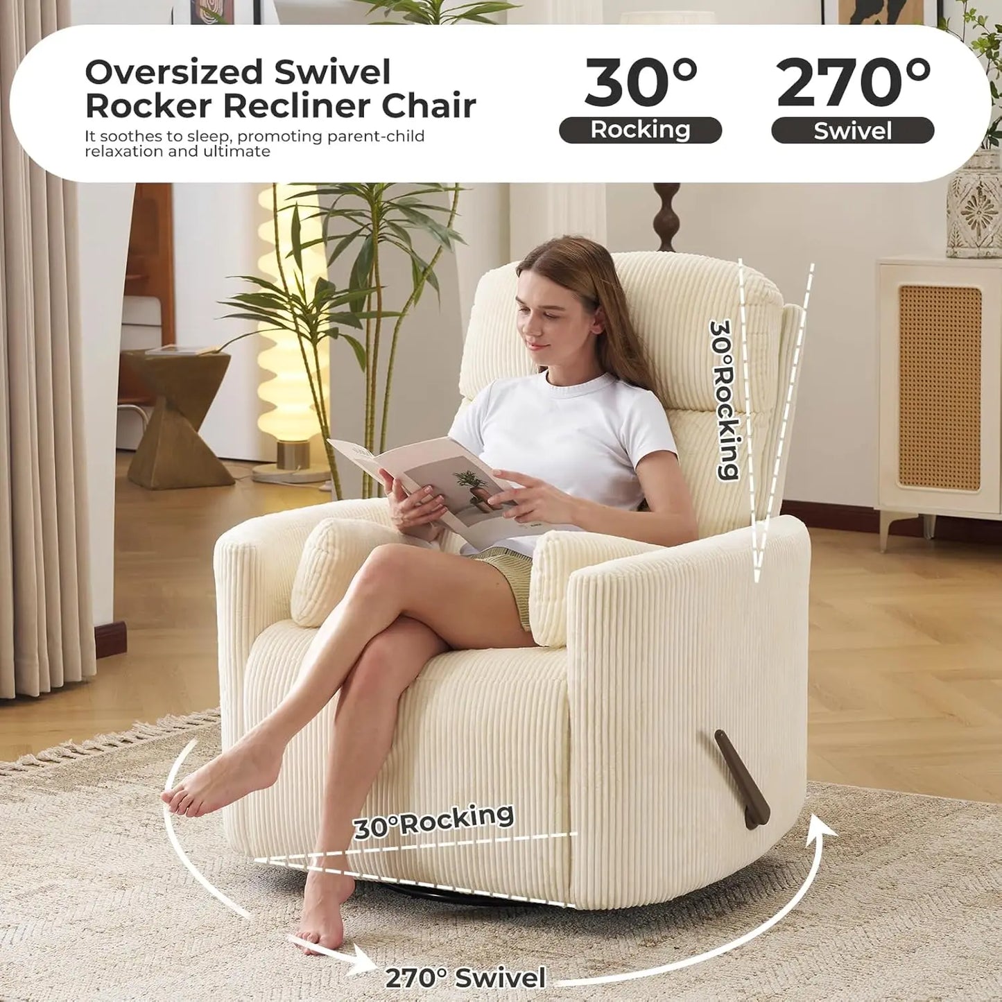 Oversized Swivel Rocker Recliner with Massage and Heat, Swivel Nursery Recliner with Adjustable Headrest, Manual, Customized