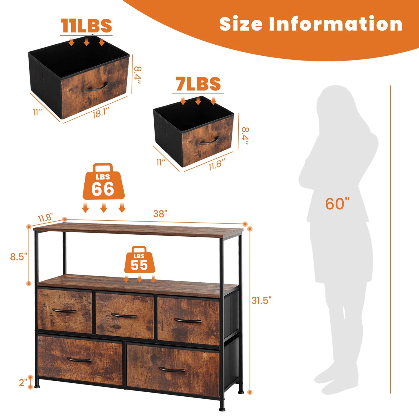 JHK Shoe Cabinet Dresser With Fabric Drawers And TV Stand