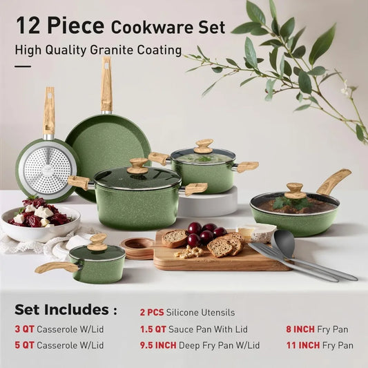 Induction Pots and Pans Set Non Stick, 12 Piece Nonstick Induction Granite Kitchen Cookware Sets