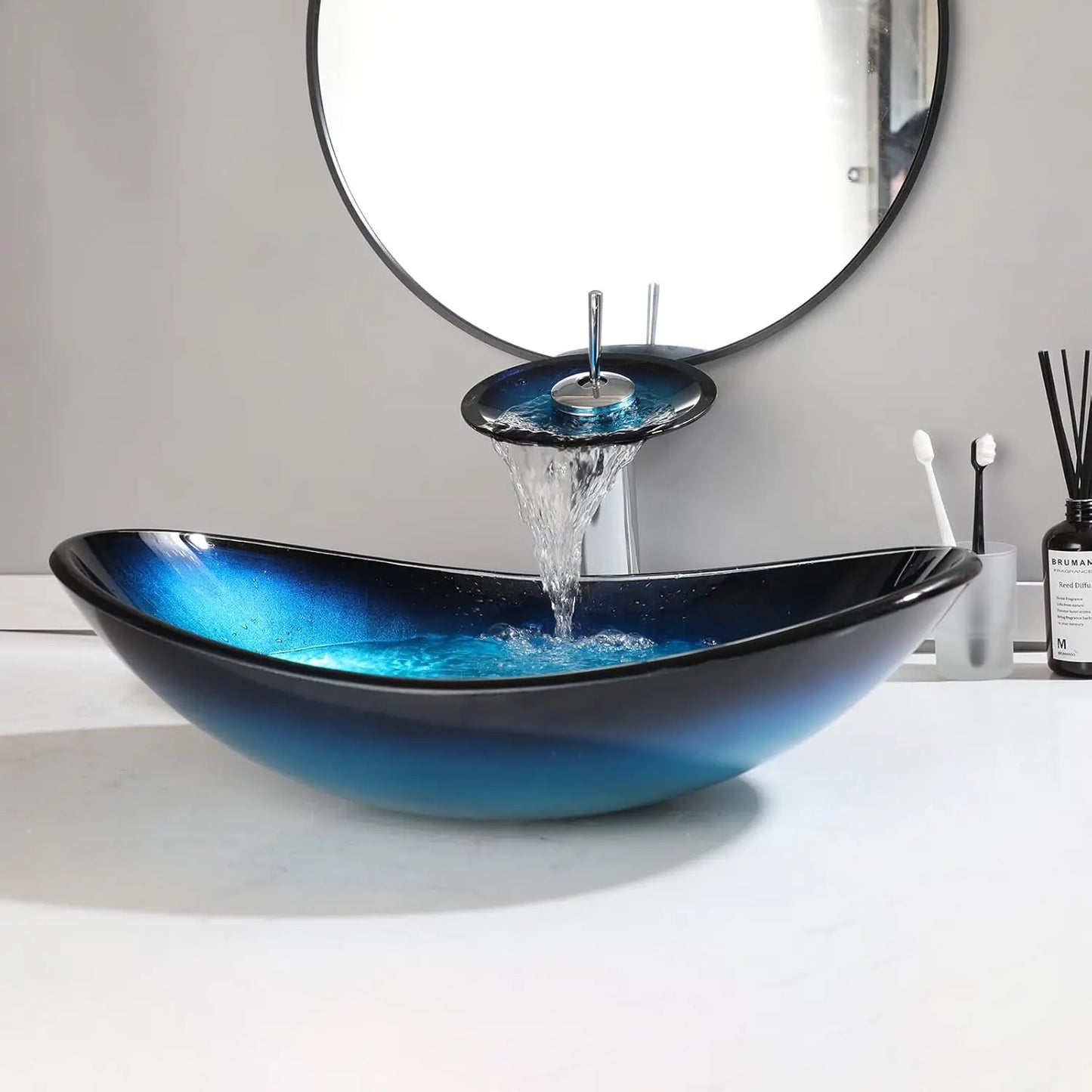 YANKSMART Oval Bathroom Vessel Sink With Waterfall Faucet