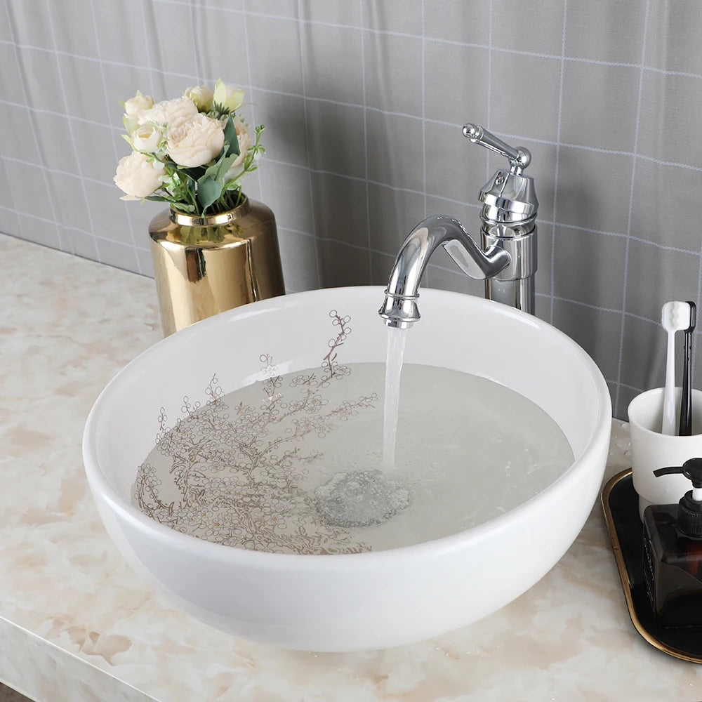 KEMAIDI Bathroom Ceramic Vessel Sinks White Round Porcelain Vessel Sink Counter Top Flower Bird Pattern Bowl Sinks for Bathrooms