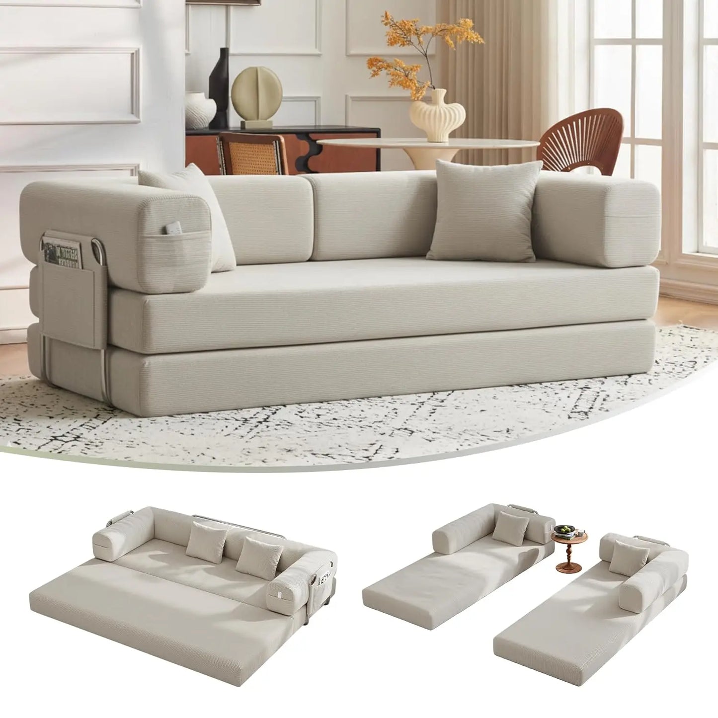 Corduroy Convertible Sofa Bed With Pillows