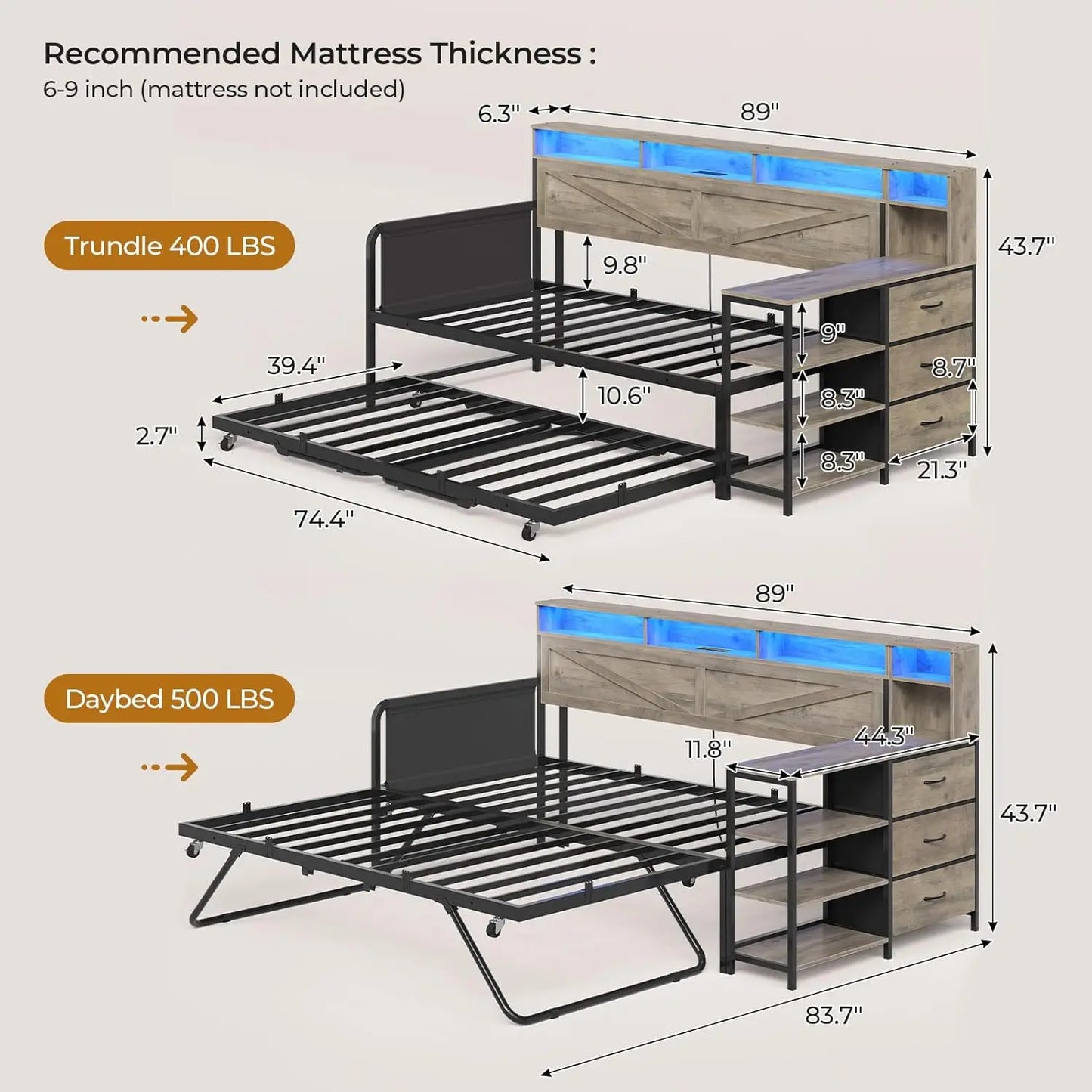 BIANXIANG Daybed With Trundle And Storage Drawers Farmhouse Wood