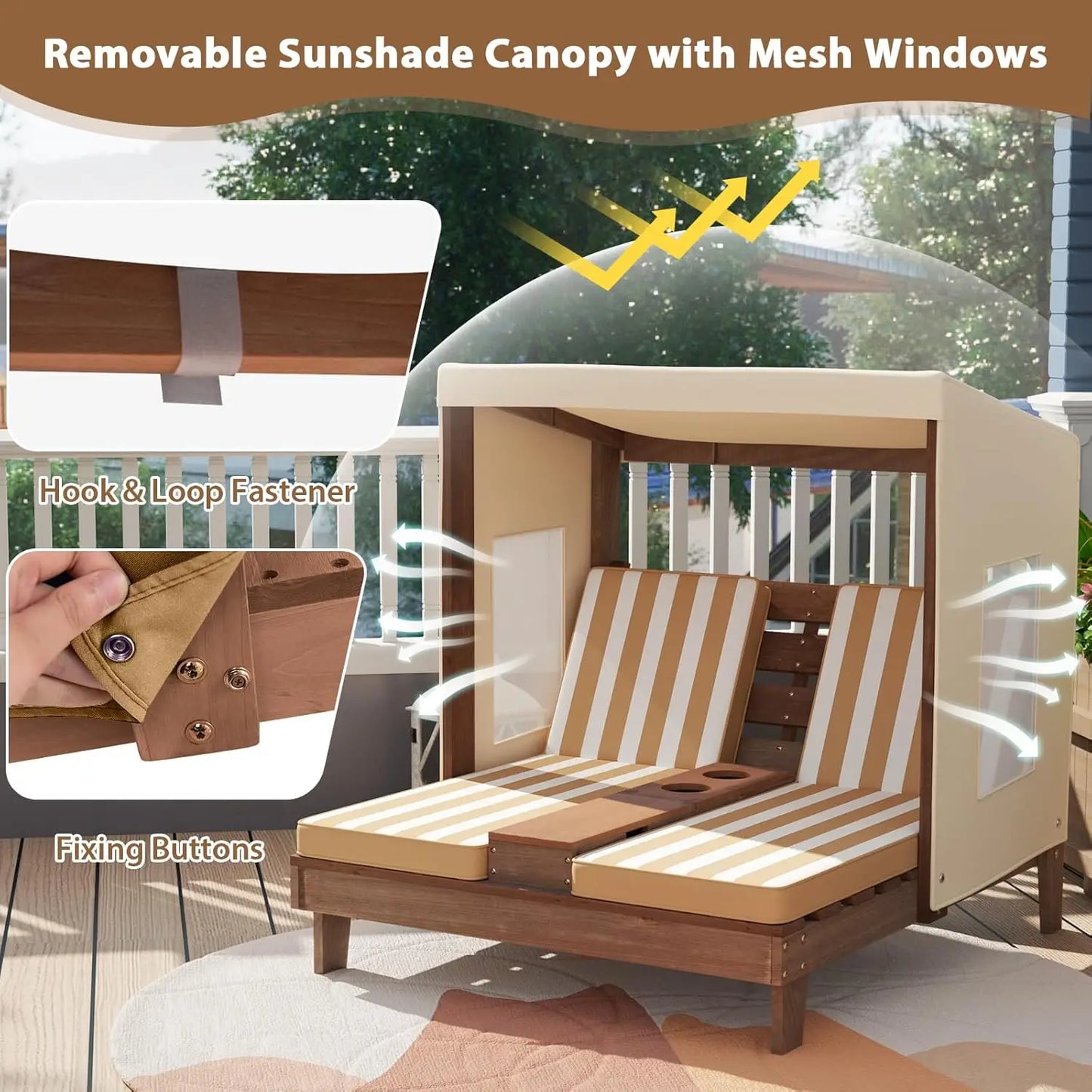 Wood Double Chaise Canopy Cup Holder Chair For Kids