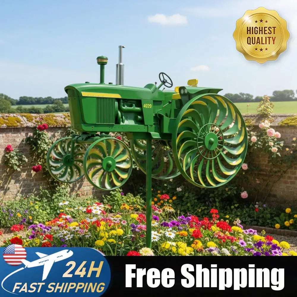 Shunmaii Metal Wind Spinner With Rotating Tractor Wheels Garden