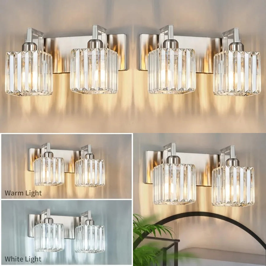 Modern Brushed Nickel Vanity Light With Crystal Wall Fixtures