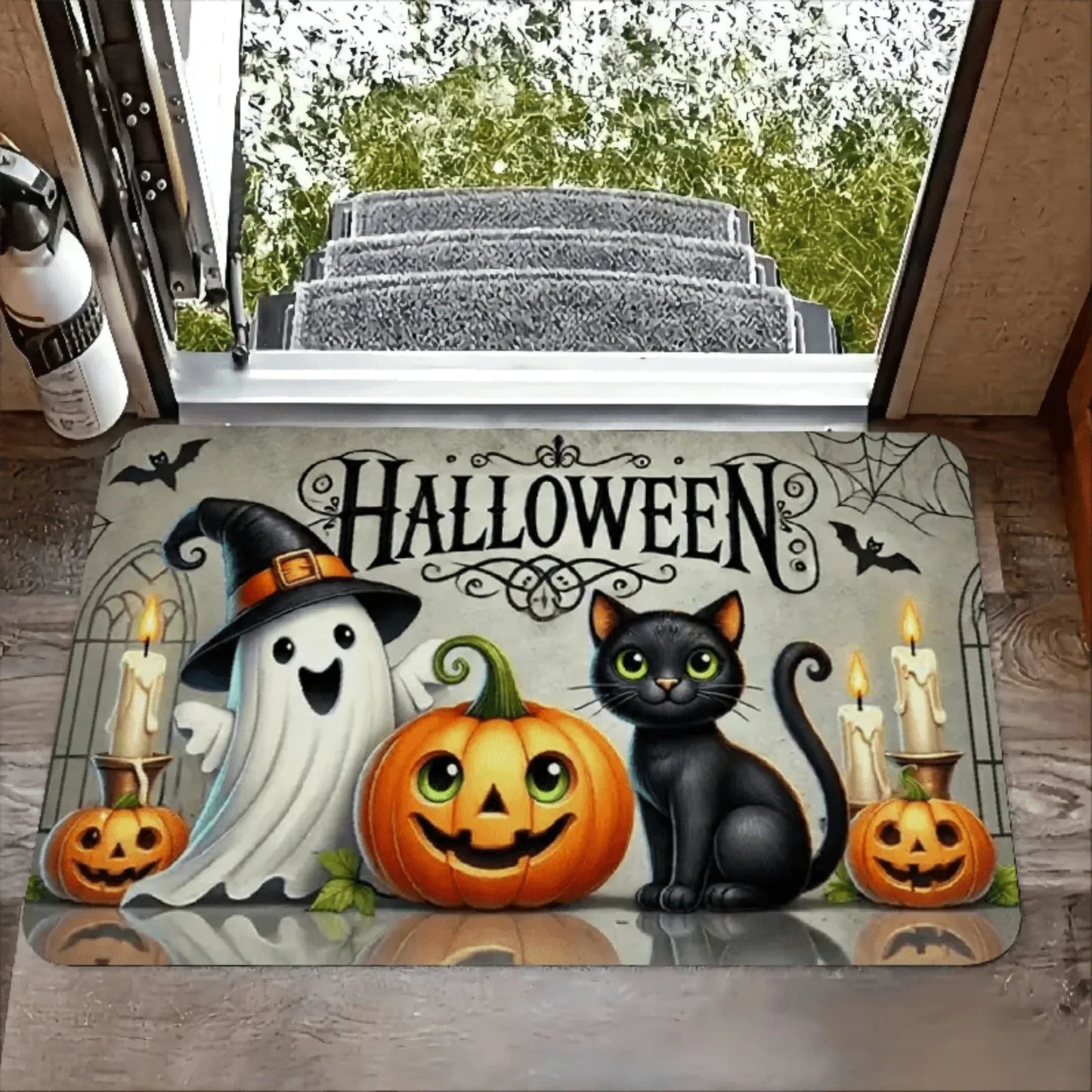 1pc Door Mat with Halloween Pumpkin and Cat Design, Welcome Floor Mats, Polyester Area Mat for Laundry Room and Kitchen, Room Decoration, Guest Room Decor