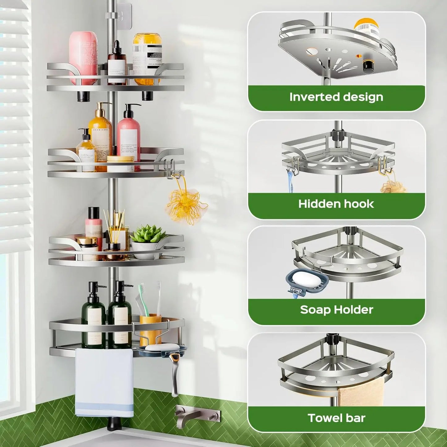 XMSJ 4-Tier Shower Tension Pole Caddy Rustproof Bathroom Organizer
