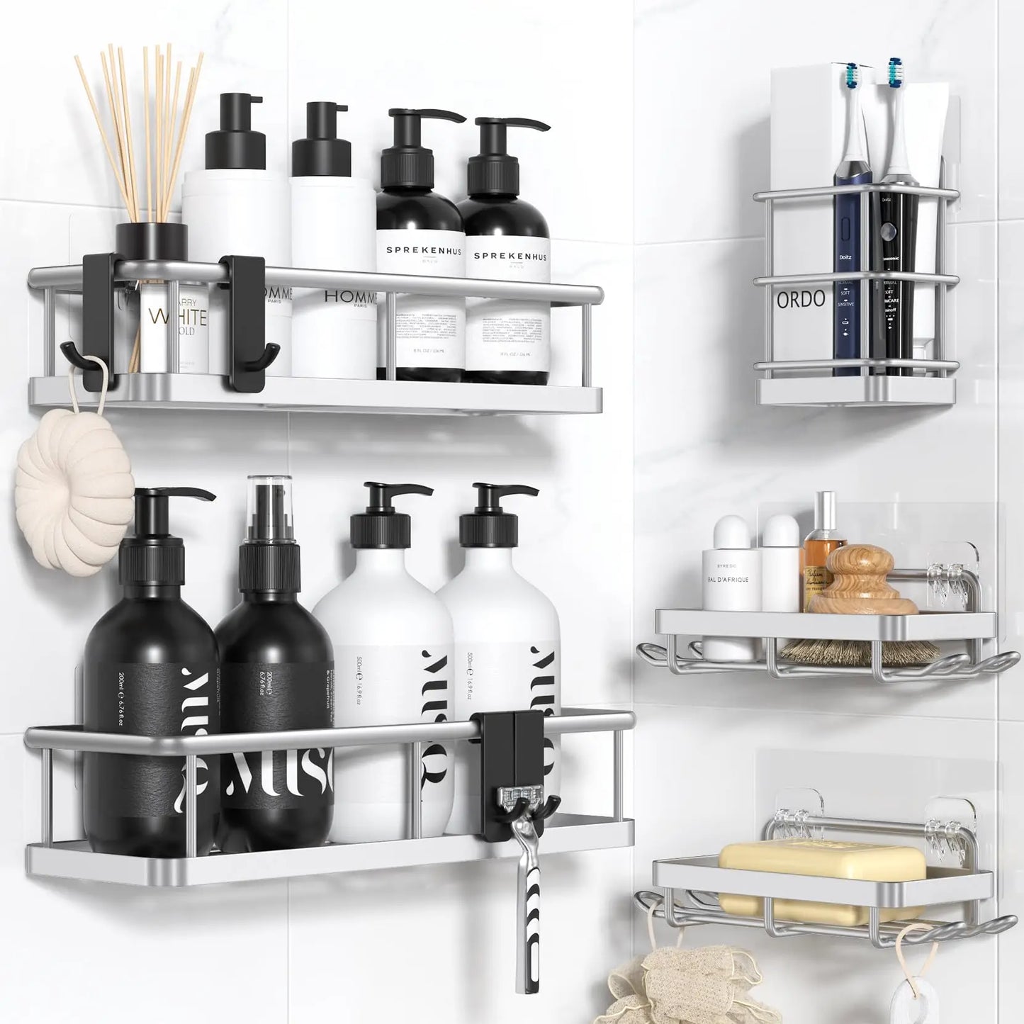 Shower Caddy Adhesive, No Drill Bathroom Shower Organizers, with Removable Hooks, Rust Proof Shower Shelves, Wall-Mounted Shower Holder