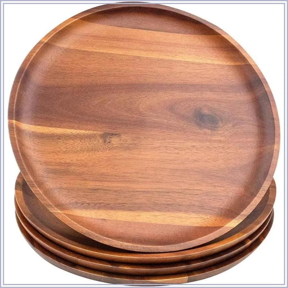11Inch Acacia Wood Dinner Plates Set of 4, Lightweight & Easy Clean, Unbreakable Classic Plate for Snack, Dessert