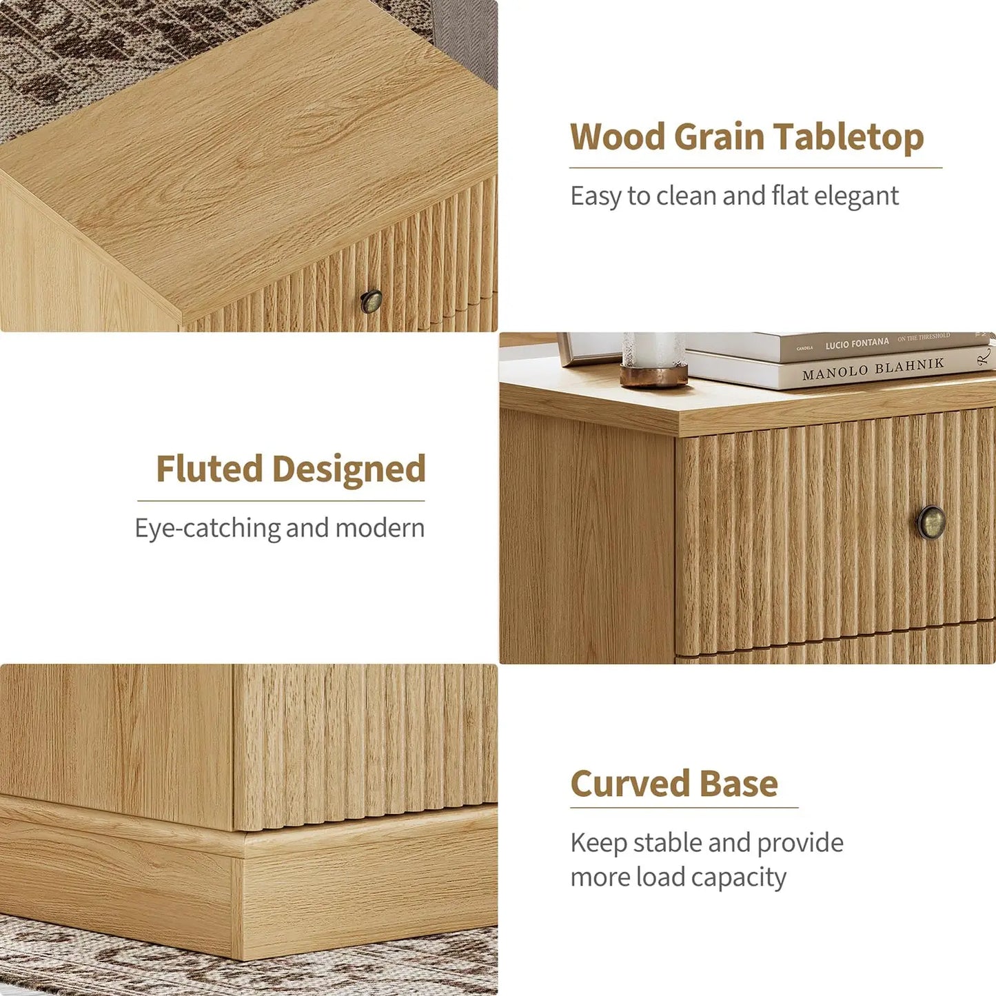 Fluted Nightstand With Drawers, Mid-Century Modern Bedside Table, Slim Storage Cabinet With Heavy-Duty 125 Lb Top For Bedroom
