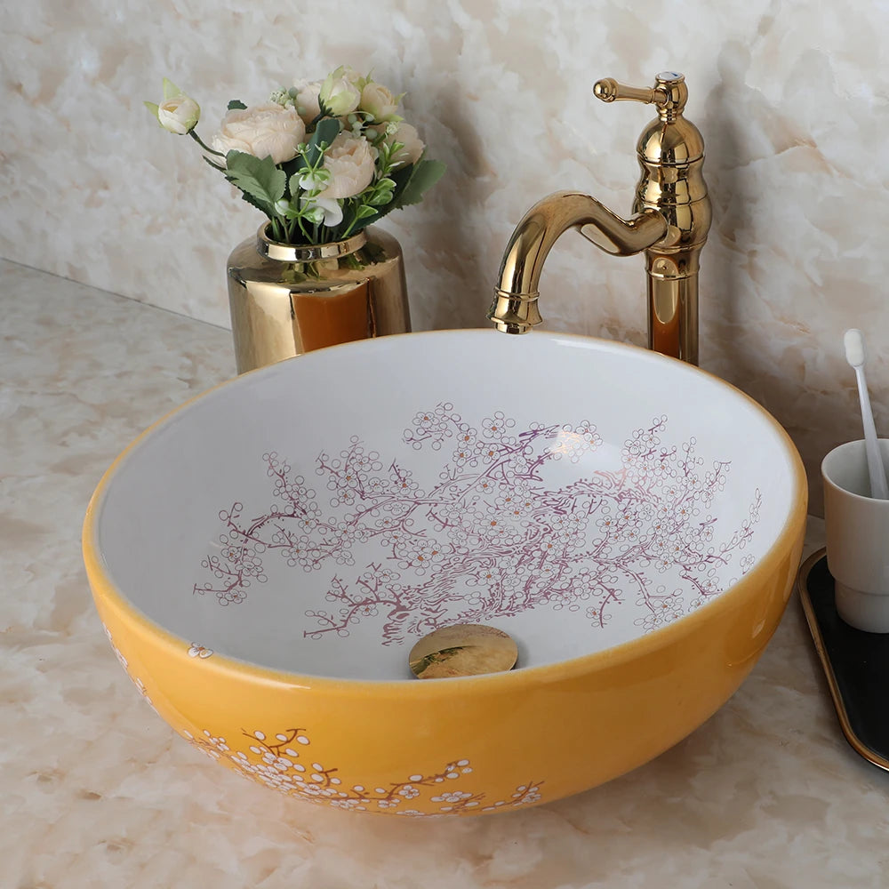 KEMAIDI Bathroom Ceramic Vessel Sinks White Round Porcelain Vessel Sink Counter Top Flower Bird Pattern Bowl Sinks for Bathrooms