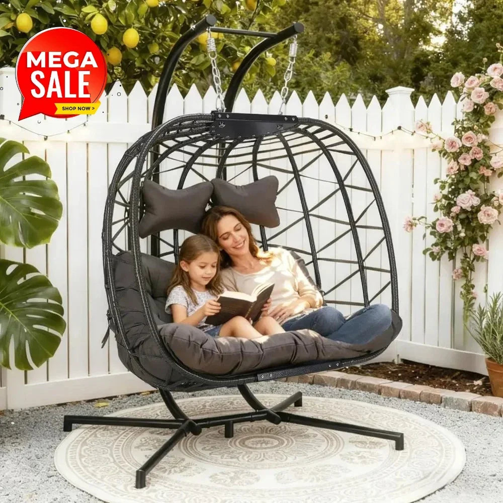 Oversized Outdoor Double Hanging Egg Chair with Stand, 700lbs Capacity, Comfortable Loveseat, Thick Cushion, Ideal for Patio or