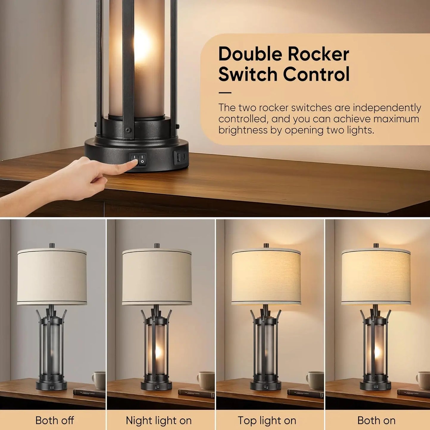 Farmhouse Table Lamps Set of 2 with USB Charging Ports, Frosted Glass Night Light, and LED Bulbs Included in Black