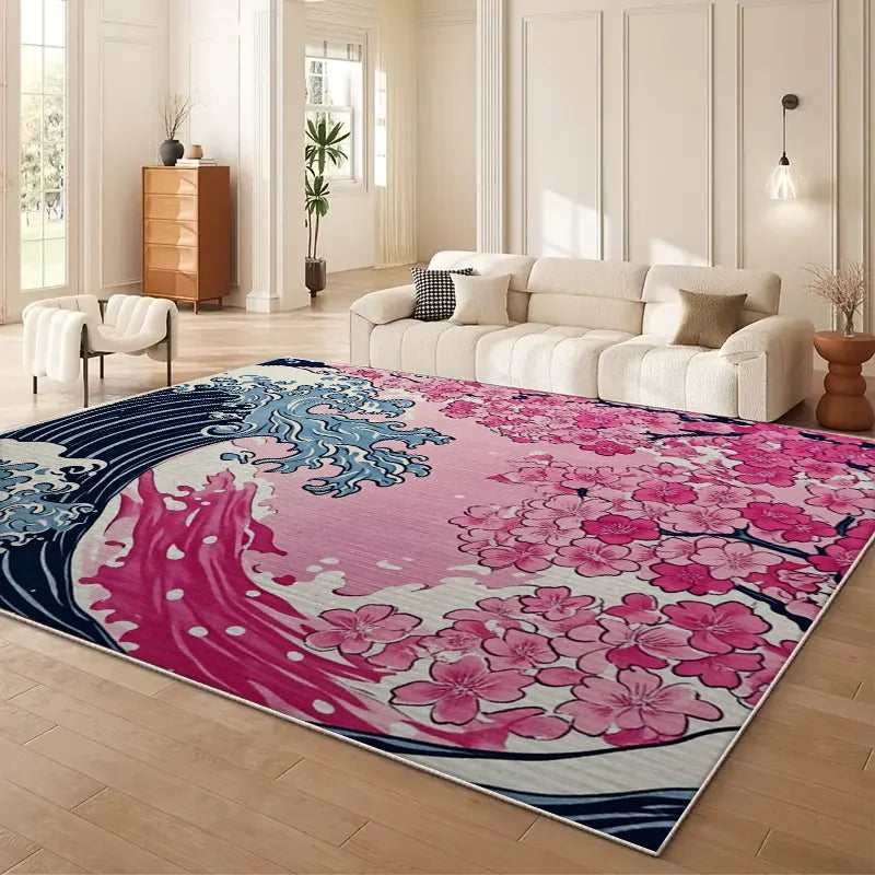 VIKAMA Japanese Cherry Blossom Wave Sofa Carpet Anti Slip Floor Mat