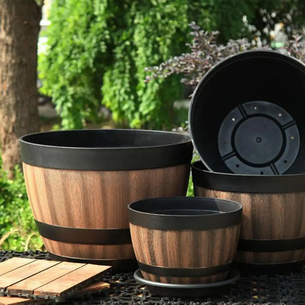 Rustic Farmhouse Whiskey Barrel Planter - Faux Wooden Plastic Flower Pot with Drainage Holes Home Garden Patio Yard Decor