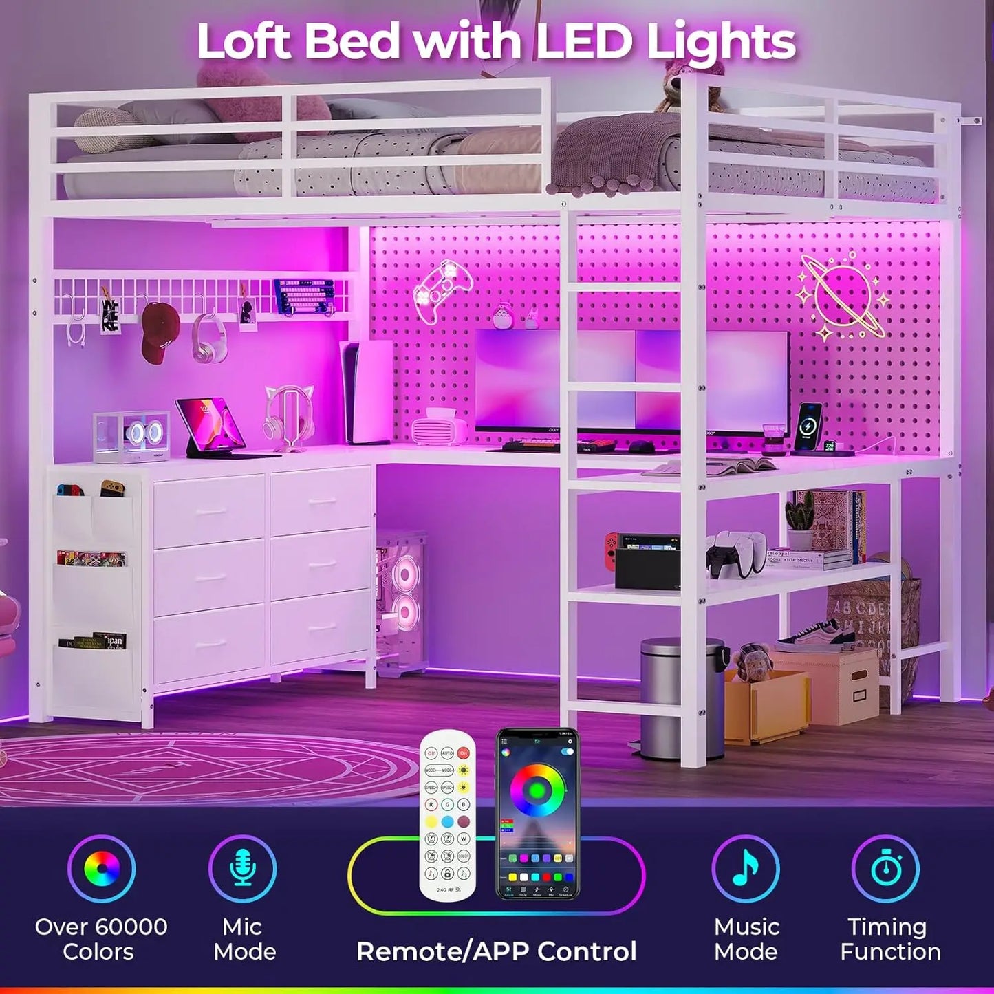Loft Bed With U Shaped Desk LED Lighting Power Outlet And Storage