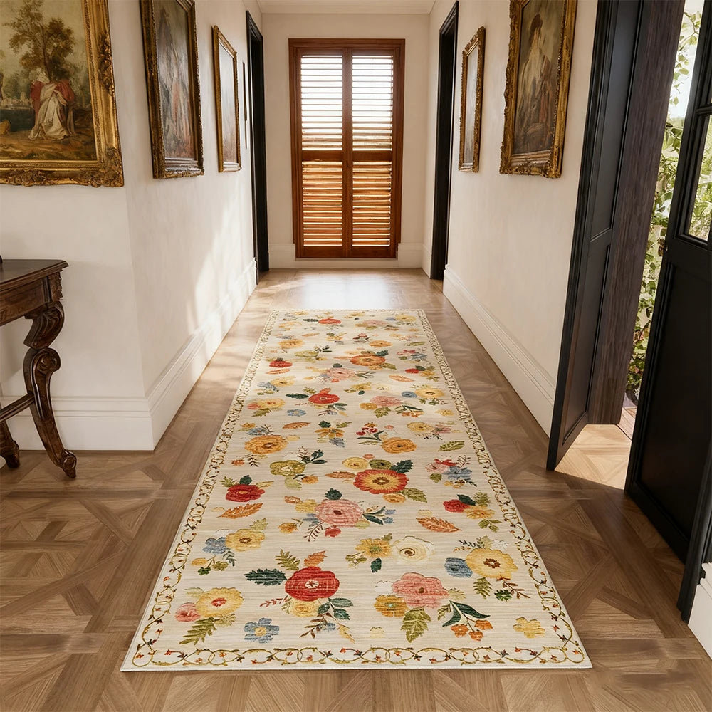 Area Rug Kilim Boho Floral Polyester Machine Washable Low Pile