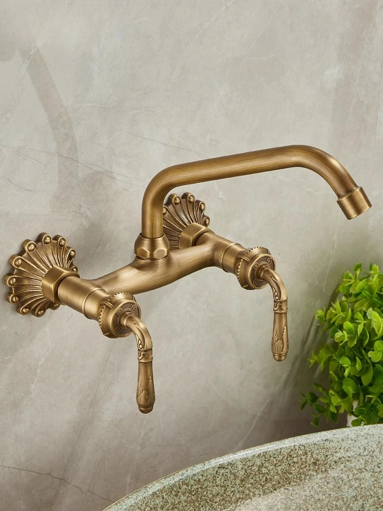 Brass Antique Wall Mounted Washbasin Faucets Double Handle Double Hole Rotatable Wall Mounted Retro Hot and Cold Faucet