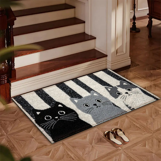 VIKAMA Striped Cartoon Cat Doormat Waterproof Floor Rug
