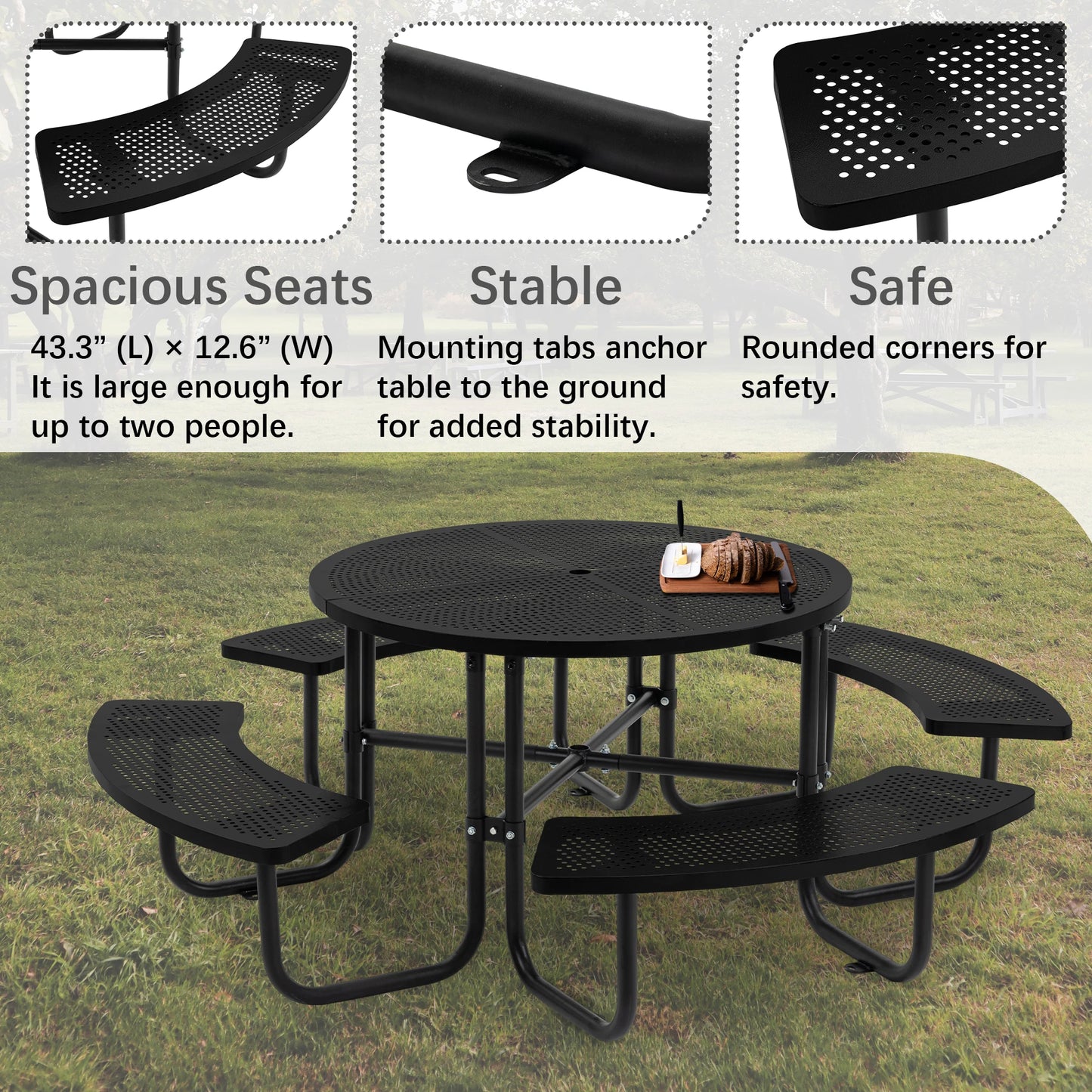 Jaxilyn Outdoor Round Perforated Picnic Table With Umbrella Hole