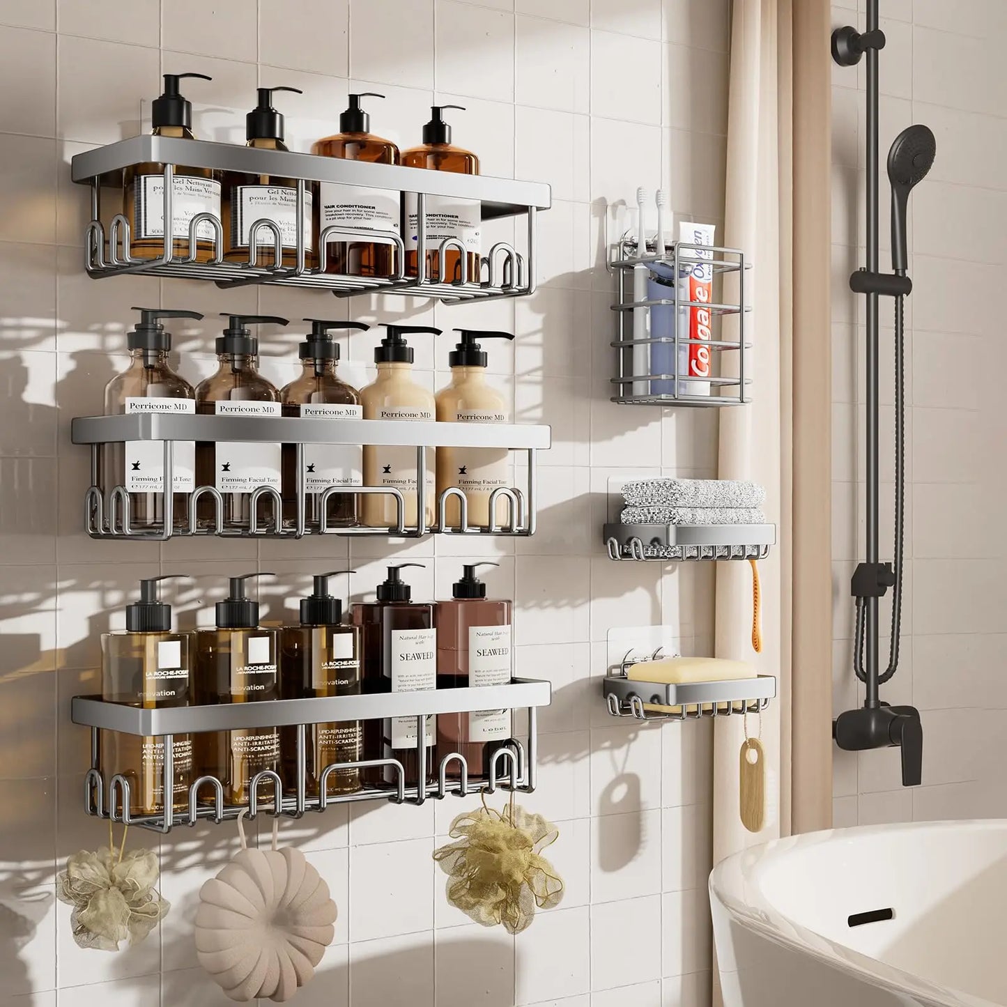 6 Pack Shower Caddy Organizer Rack Shelf for Inside Shower, Adhesive Bathroom Wall Storage Basket Rustproof Stainless Steel Shampoo Holder, Bathroom Accessory Decor Set