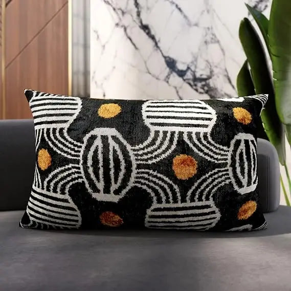 Geometric Stripe Velvet Pillow - 16x24, Luxurious Down Feather, Vibrant Orange Accents