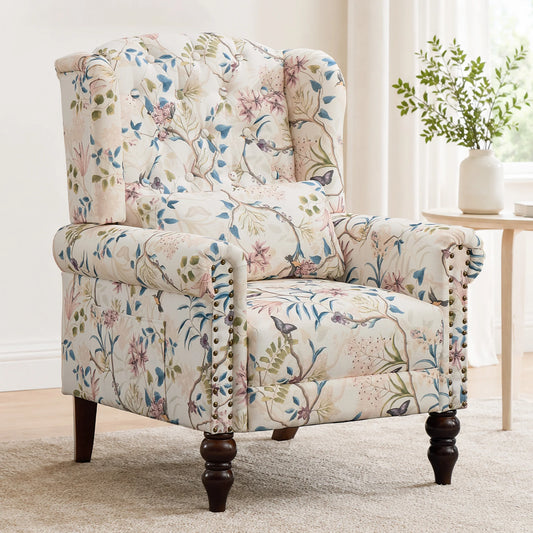 TCGBKAF Vintage Floral Wingback Club Accent Chair with Arms Mid-Century Modern Armchair Fabric Upholstered Mid Back Single Sofa Chair for Home