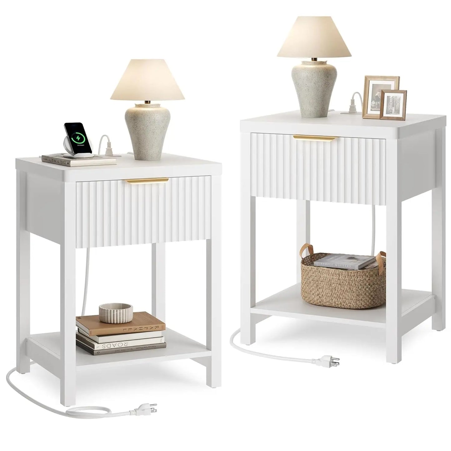 Night Stand Set 2, Fluted Nightstand with Charging Station, Wood Modern Bedside End Table with Storage Drawer for, Customized