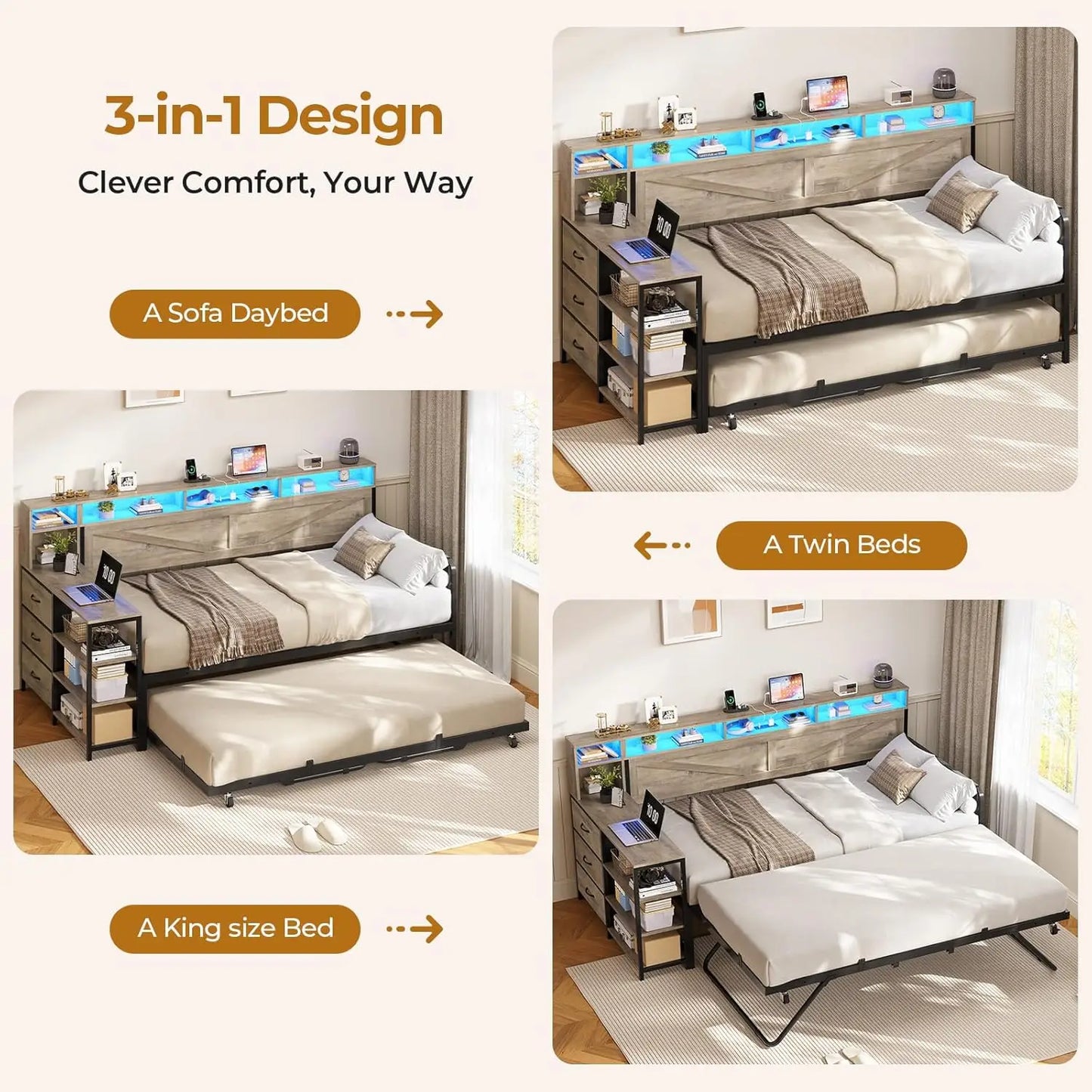 BIANXIANG Daybed With Trundle And Storage Drawers Farmhouse Wood