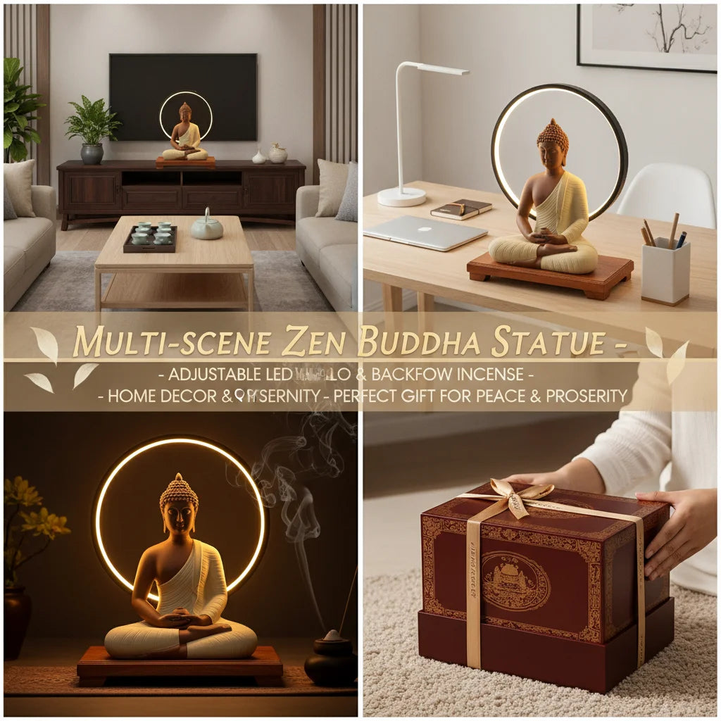 Ceramic Buddha Statue with LED Halo Ring Light, Amitabha Figurine on Wood Base, 6 Brightness Levels USB Powered, Meditation Home Decor, Purple Sand Yellow, 23x14x30cm