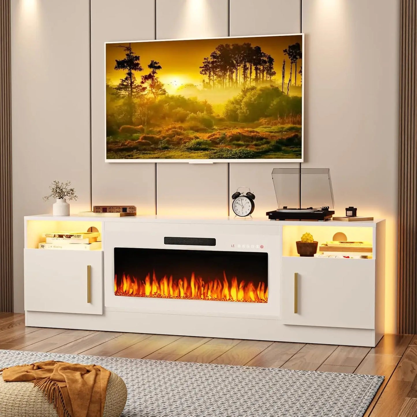 Fireplace TV Stand Entertainment Center with 36" Fireplace, 70" Wooden TV Console for TVs Up to 80", Modern TV Stands for Living