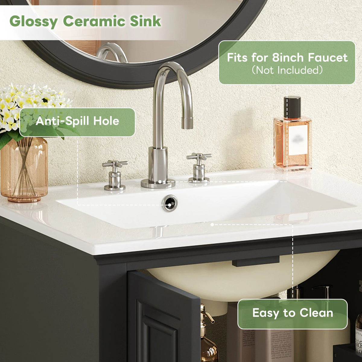 French Vintage Freestanding Bathroom Vanity With Ceramic Sink Storage