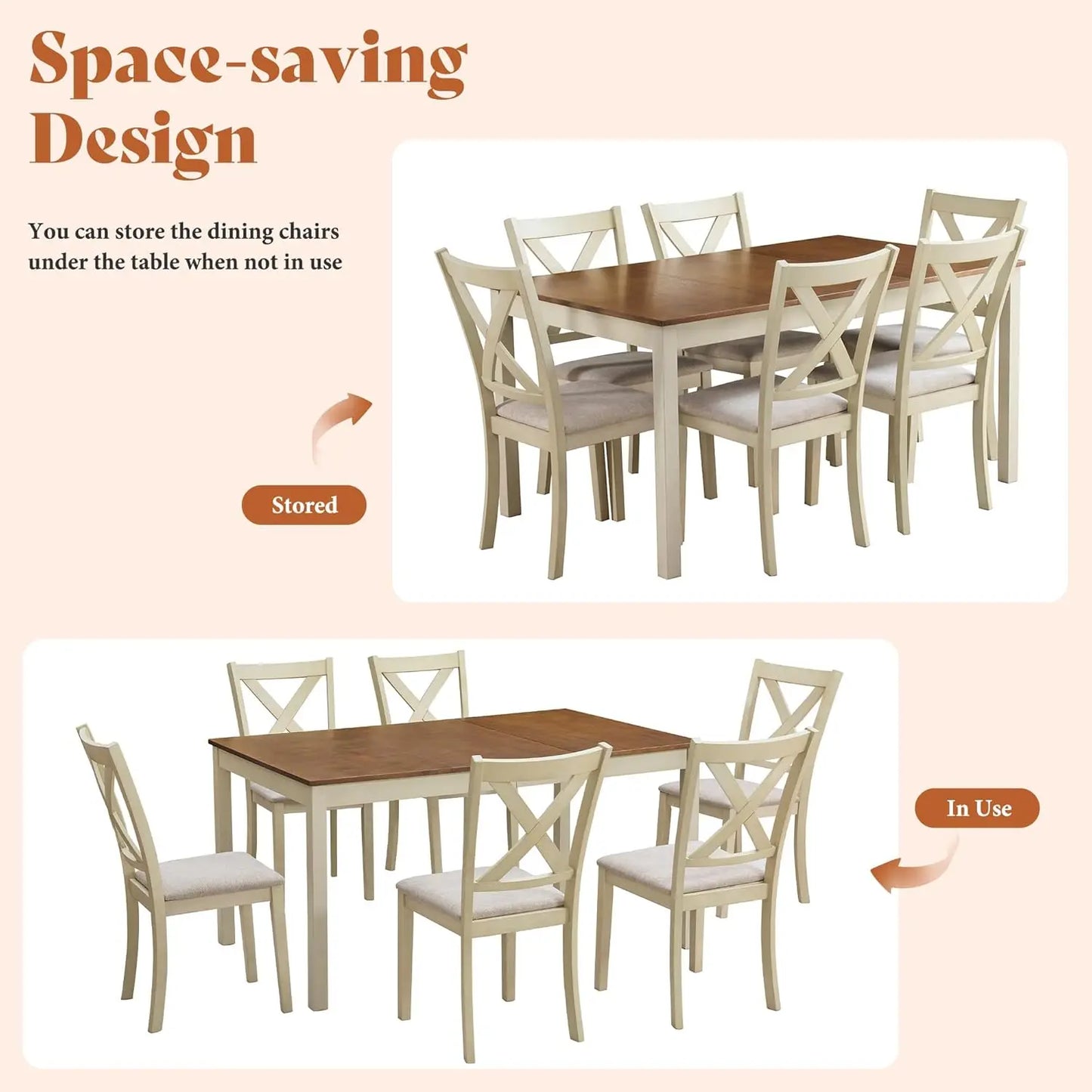 7-Piece Farmhouse Solid Wood Dining Set With Upholstered Chairs