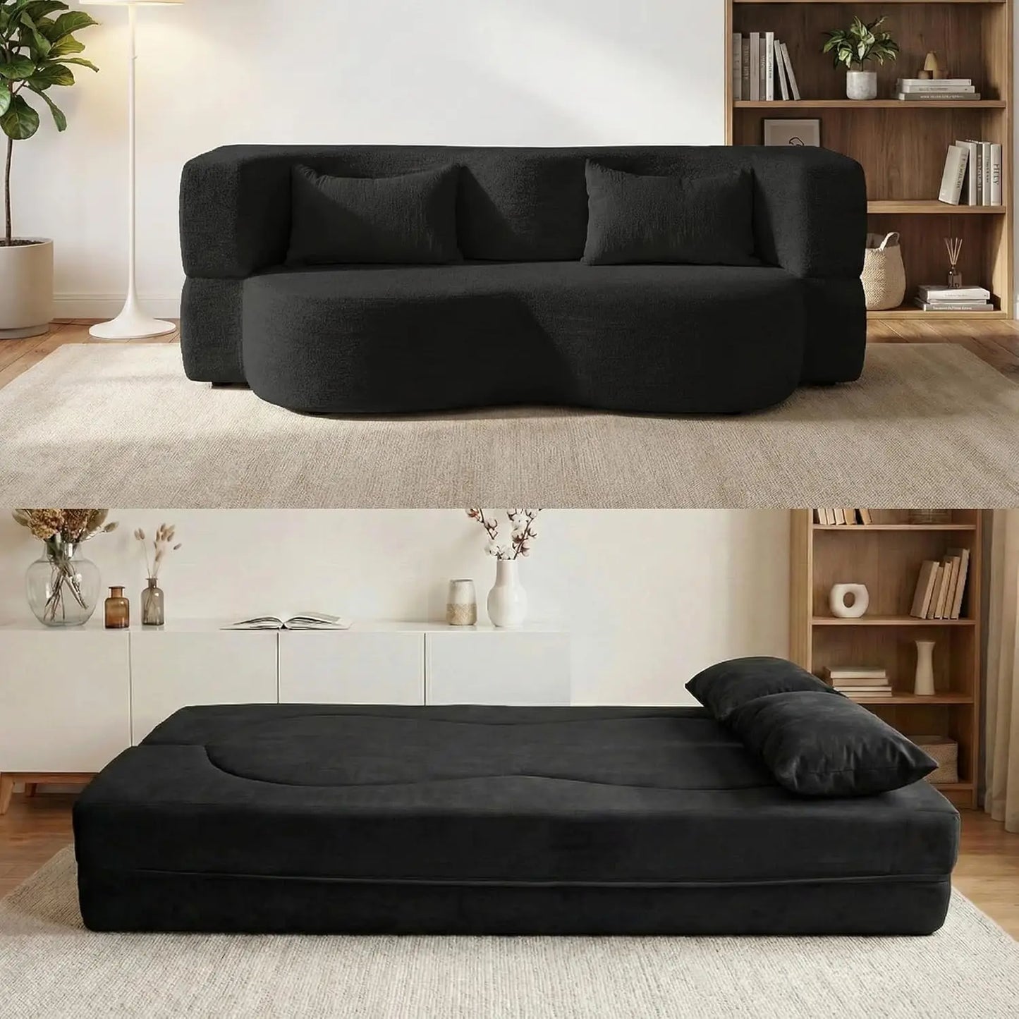 Convertible Sofa Bed 2-In-1 Teddy Fabric Loveseat With Pillow