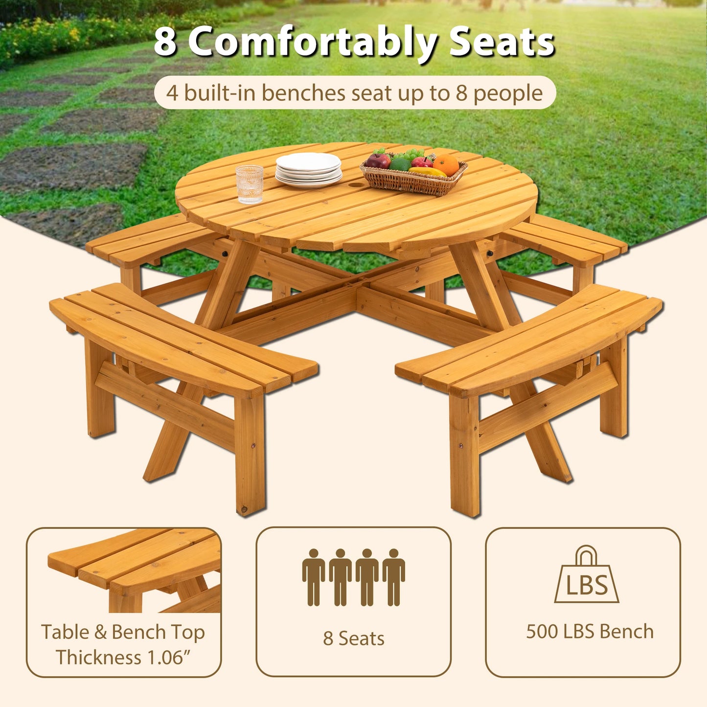 Solid Wood Round Outdoor Picnic Table Set with 4  Benches, Weather Resistant Patio Dining Furniture with Umbrella Hole for Garden Backyard Lawn BBQ Party