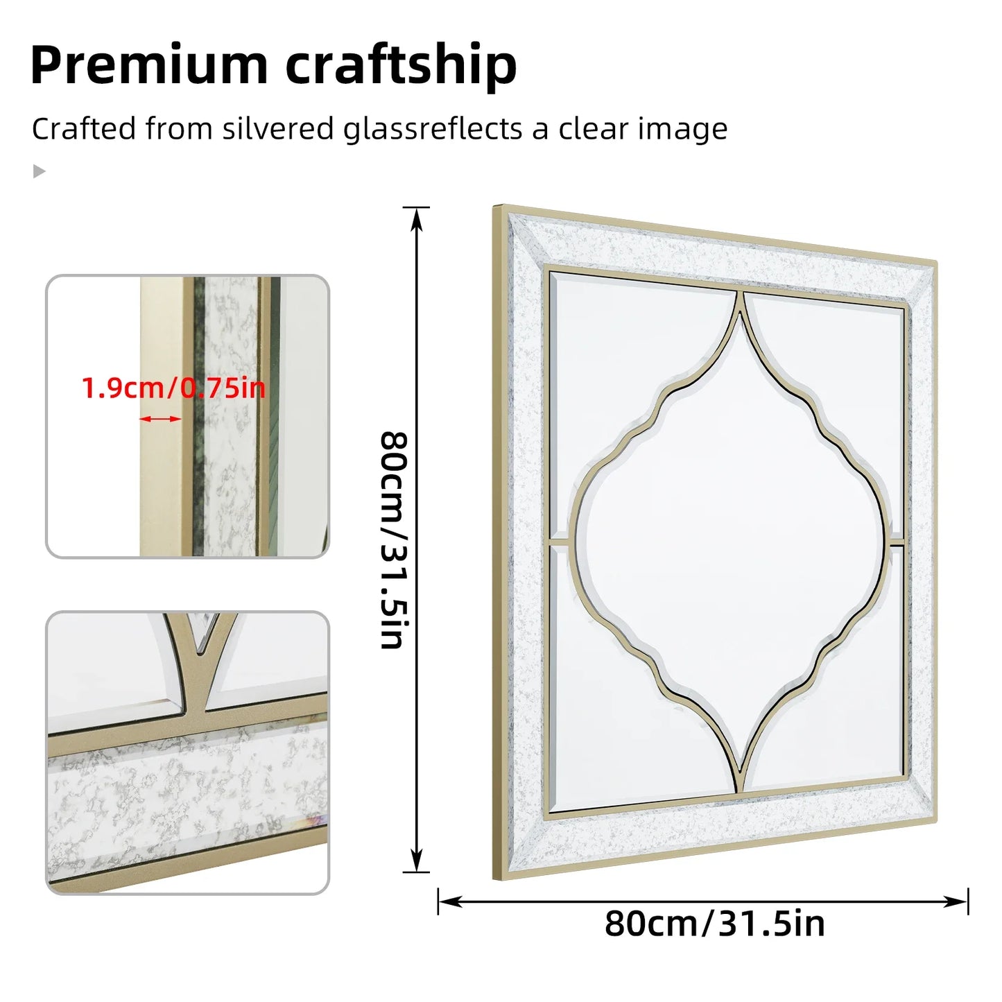 Wall Art Mirror: Elegant Square Wall Silver Glass Decorative Accent Mirror Golden Rim for Hallway, Mantle, Living Room Decoratin