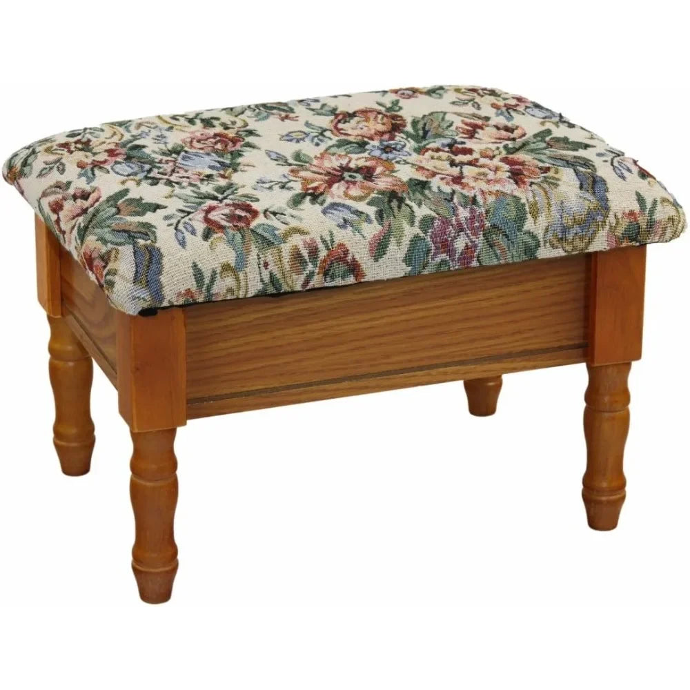 Elegant Queen Anne Style Storage Ottoman Footstool With Floral Embroidery