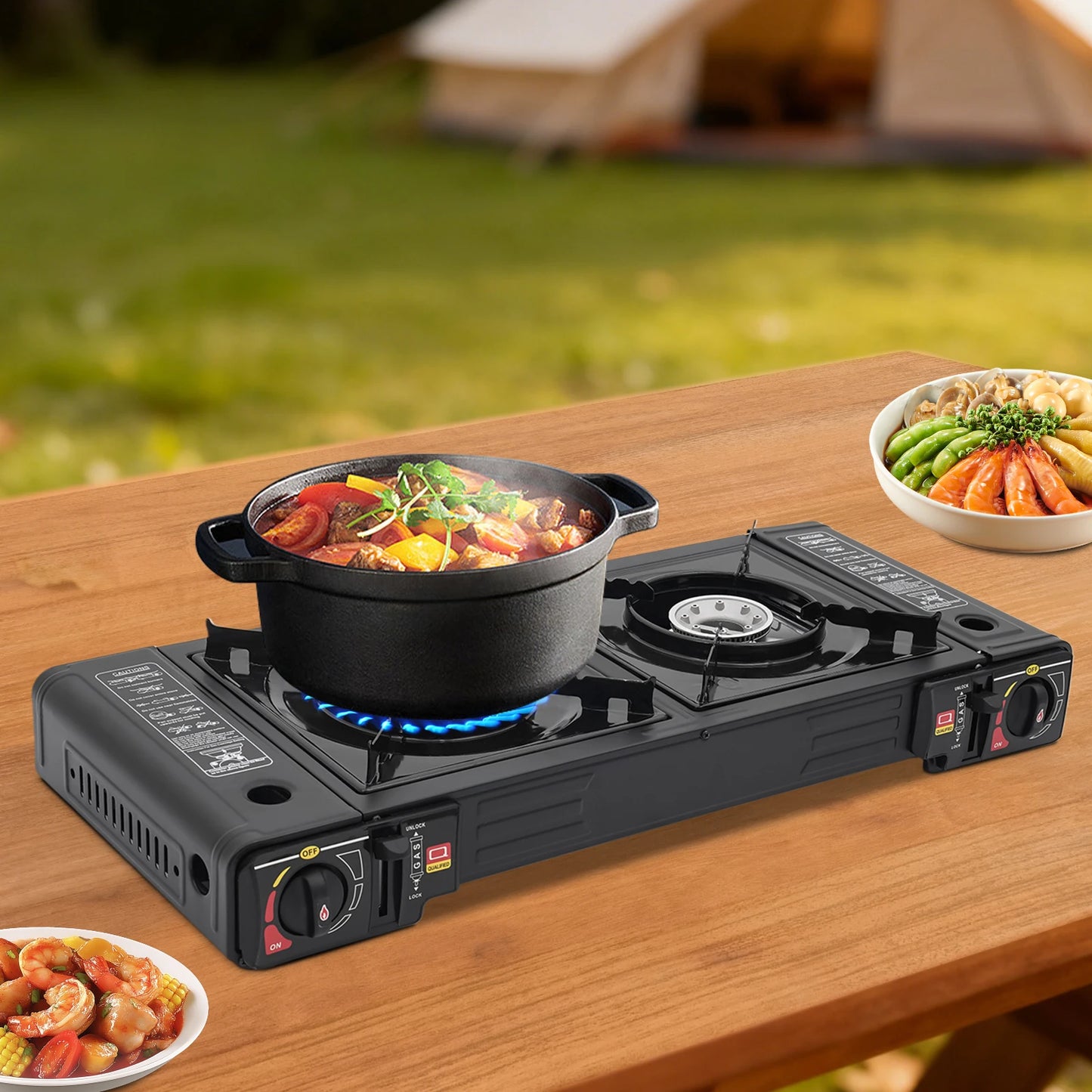 Two Burner Camping Stove With Auto Ignition And Baking Tray