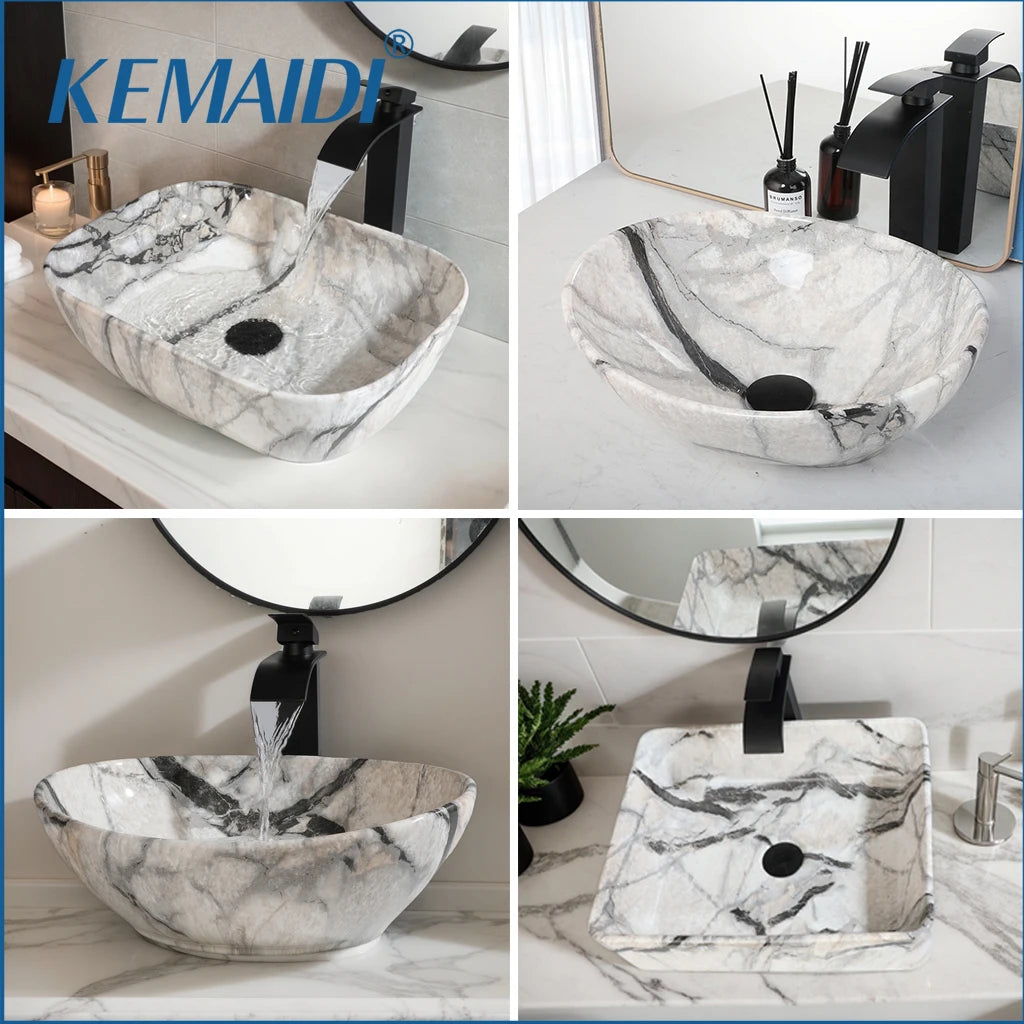 KEMAIDI Marble Pattern Ceramic Bathroom Vessel Sink Set, Multiple Shape Basin with Black Faucet Above-Counter Vanity Sink Kit