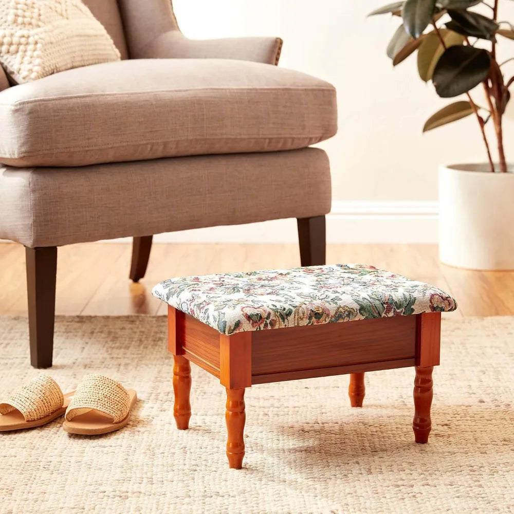 Elegant Queen Anne Style Storage Ottoman Footstool With Floral Embroidery