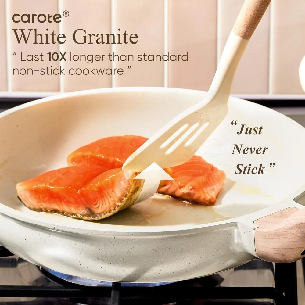 CAROTE 21Pcs Pots and Pans Set, Nonstick Cookware Sets, White Granite Induction Cookware Non Stick Cooking Set w/Frying