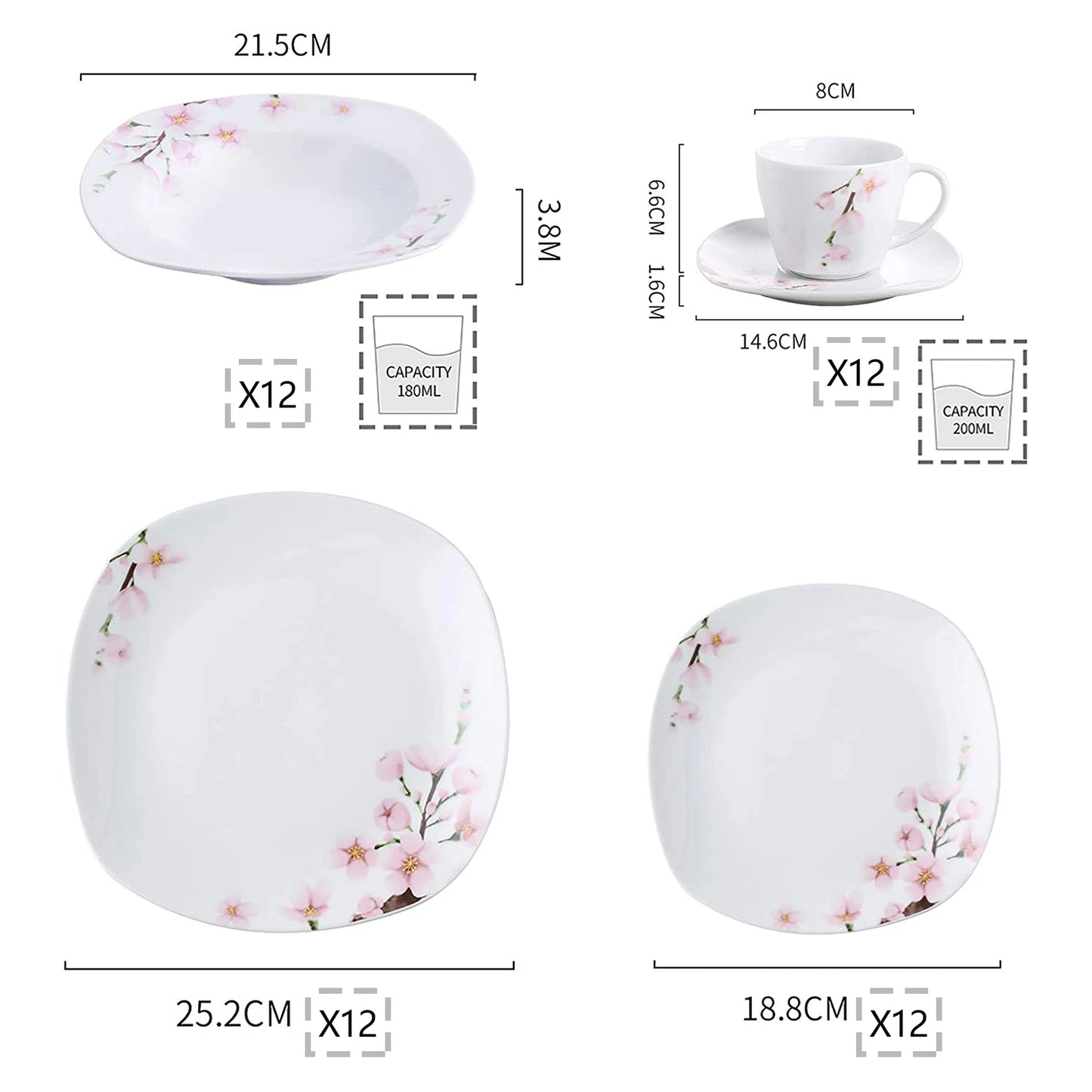 MALACASA Annie Porcelain Dinnerware Set With Plates And Cups