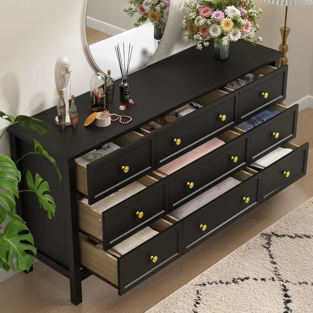 Black Dresser for Bedroom, 9 Drawer Dresser with Wide Drawers and Gold Metal Handles, 59" White and Gold Dressers TV Stand,