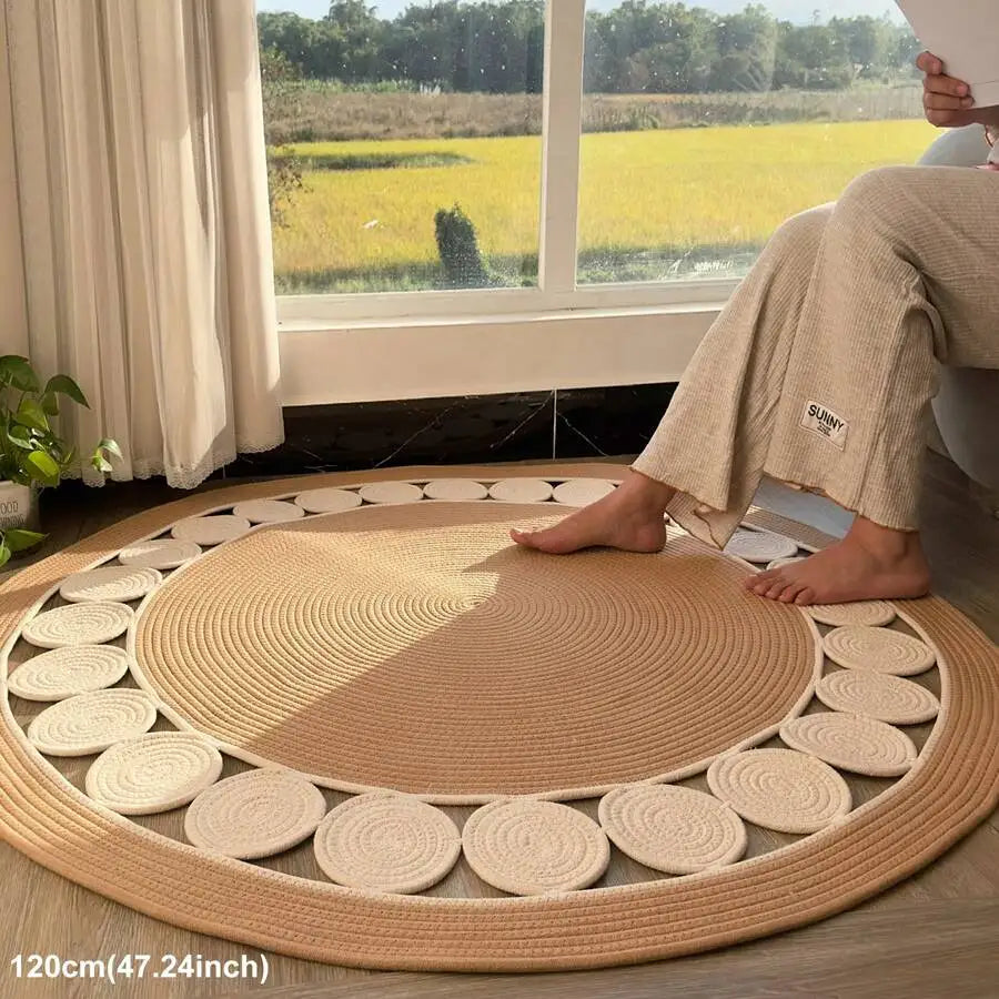 Bohemian style hand-woven linen fiber round rug, beige non-slip rug, suitable for living room, garden, bathroom, kitchen, machine washable and pet-friendly