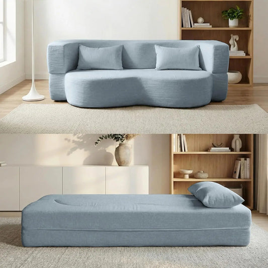 Convertible Sofa Bed 2-In-1 Teddy Fabric Loveseat With Pillow