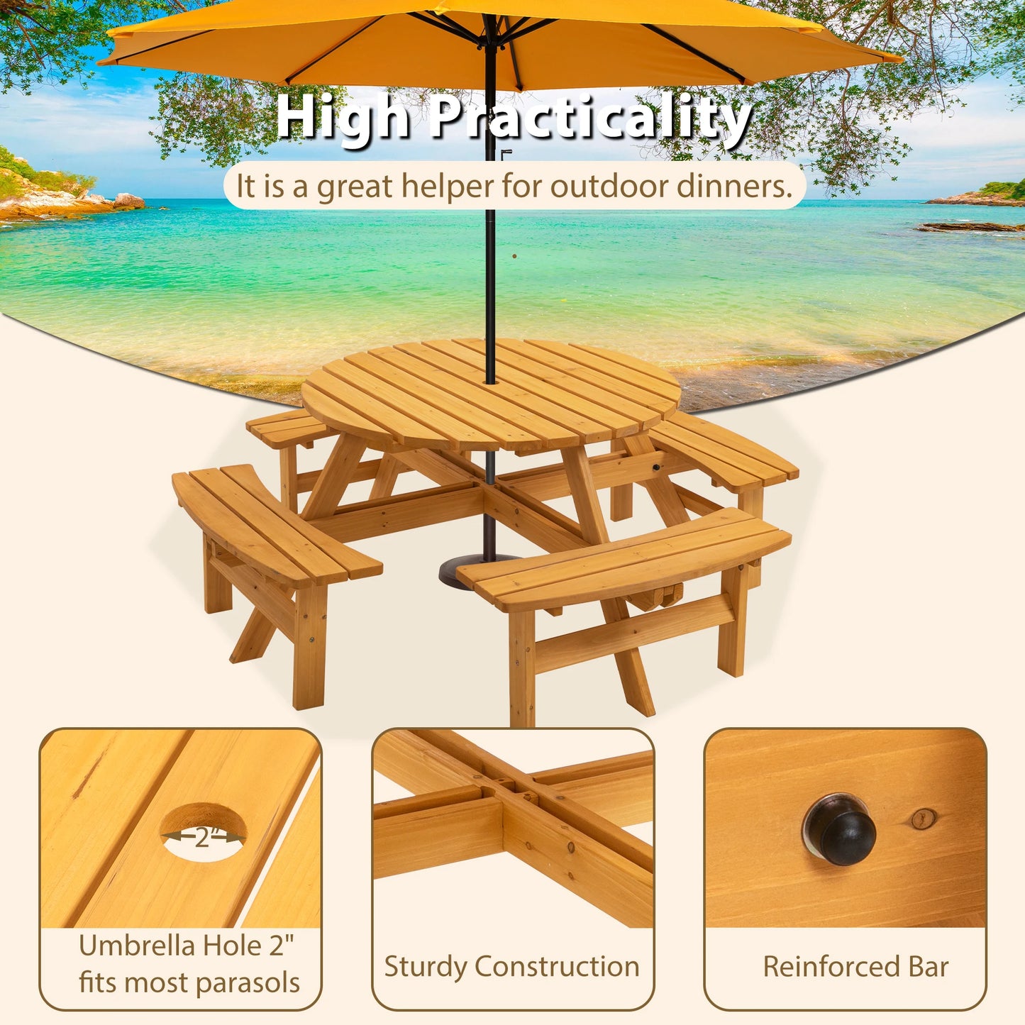 Solid Wood Round Outdoor Picnic Table Set with 4  Benches, Weather Resistant Patio Dining Furniture with Umbrella Hole for Garden Backyard Lawn BBQ Party