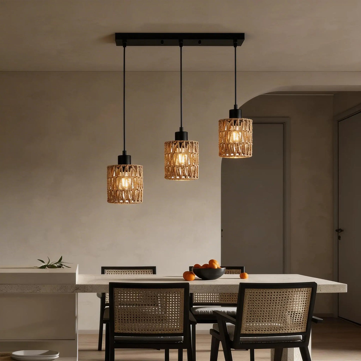 Light Pendant Lighting, Farmhouse Boho Hanging Light Fixture for Kitchen Island & Dining Room, Industrial Vintage Ceiling Lamp with E26 Base, Adjustable Height, Rattan Pendant Light
