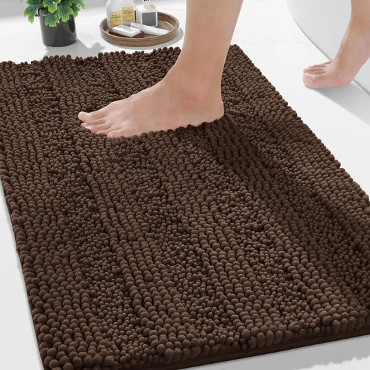 Yimobra Bathroom Rug Mat, Non Slip and Super Absorbent Bath Mat, Machine Washable Quick Dry, Ultra Plush Chenille Shower Rugs for Bathroom Floor Sink Tub and Shower Outside, Brown, 24 x 17
