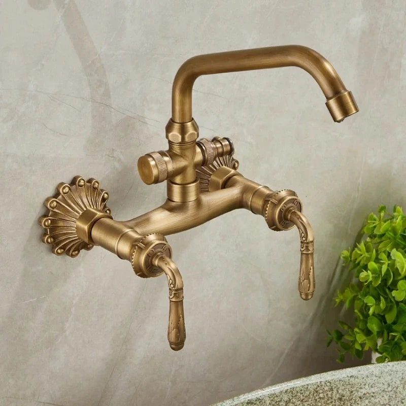 Brass Antique Wall Mounted Washbasin Faucets Double Handle Double Hole Rotatable Wall Mounted Retro Hot and Cold Faucet